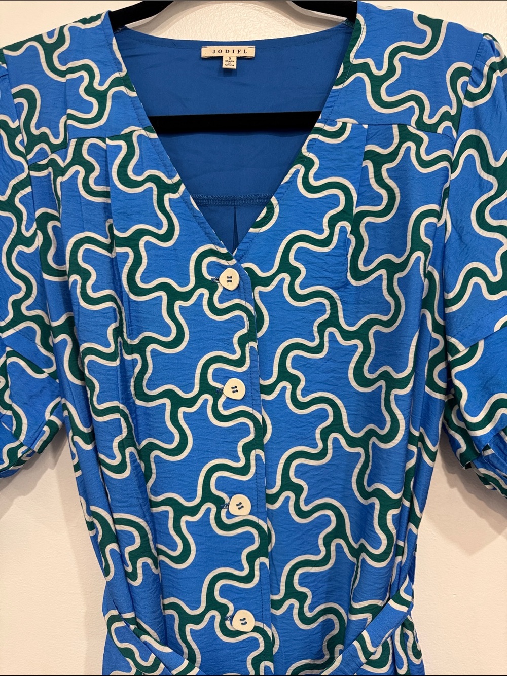 JODIFL Blue Printed Midi Dress with Green and White Pattern - Picture 2 of 2